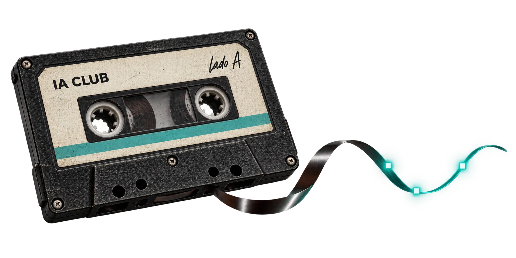 Fita K7 com textura fotográfica cuja fita magnética se transforma em uma linha digital teal
