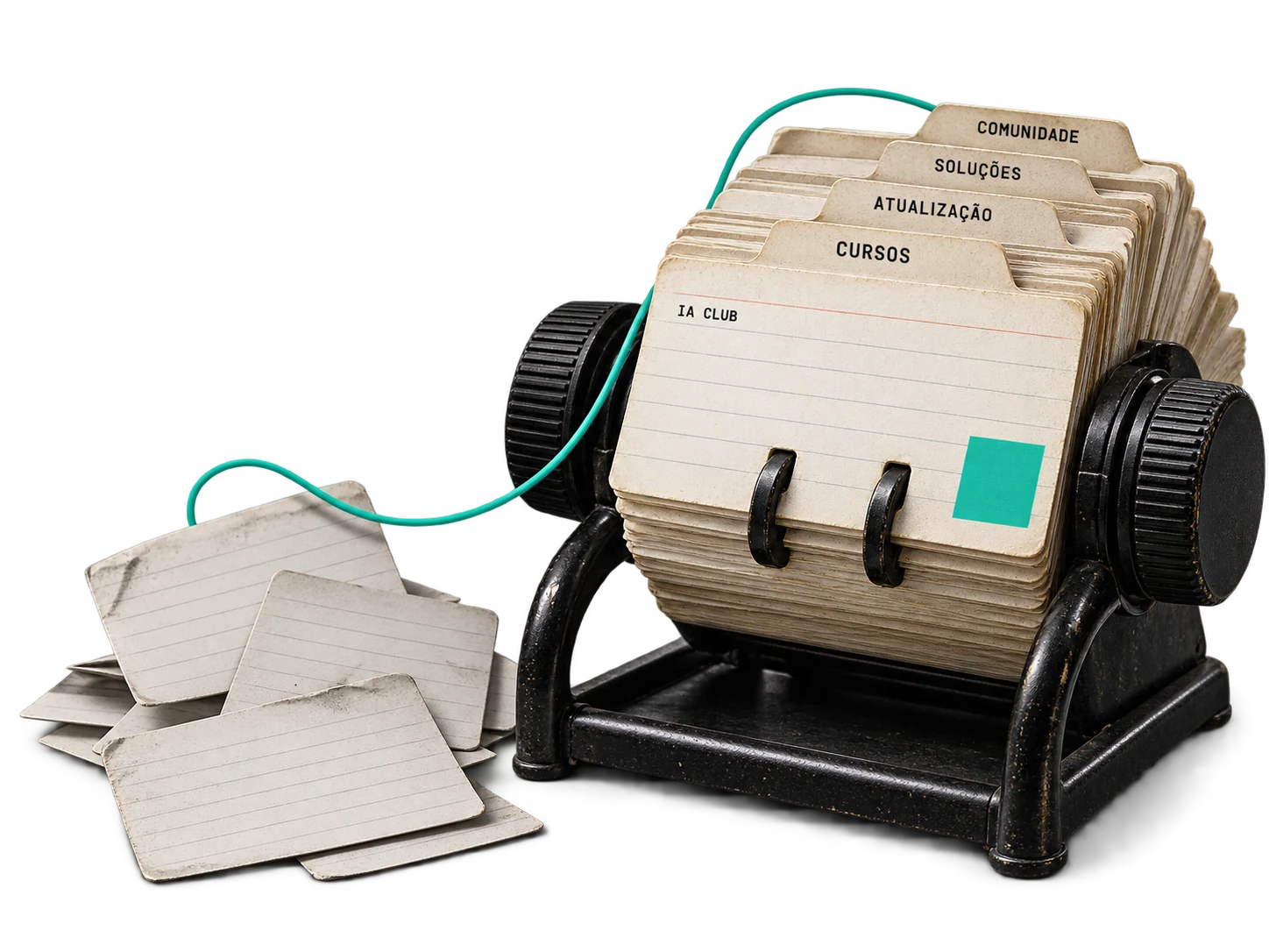 Fichário de mesa com abas de cursos, atualização, soluções e comunidade; um fio teal conecta cartões soltos ao conjunto organizado
